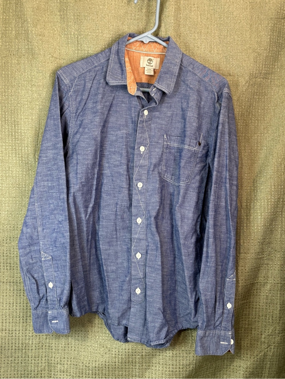 Timberland Blue Chambray Button-Down Shirt with Orange Collar Accent Sz M EUC